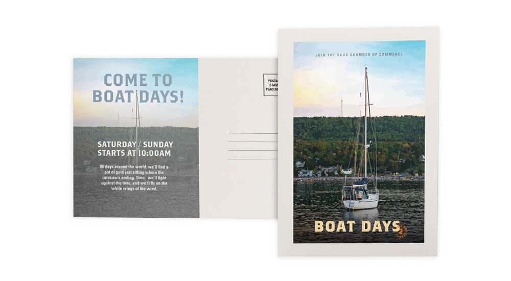 Two sides of a postcard about Boat Days event